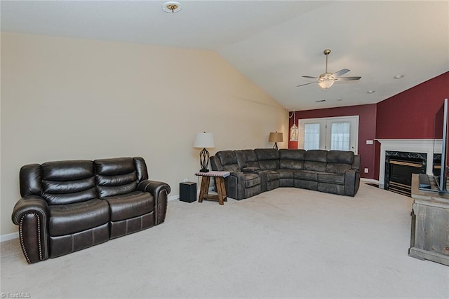 101 Kingston Ln, Graham, NC 27253 - carpeted living room with a ceiling fan, lofted ceiling, and a high end fireplace