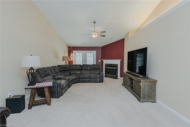 101 Kingston Ln, Graham, NC 27253 - living area with a ceiling fan, carpet flooring, a high end fireplace, and lofted ceiling