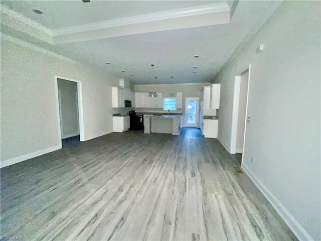 unfurnished living room featuring a raised ceiling, light hardwood / wood-style floors, and ornamental molding