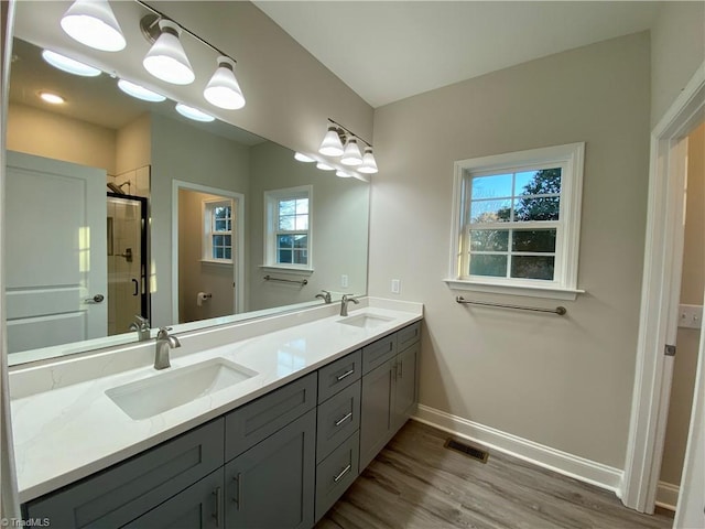 bathroom with hardwood / wood-style flooring, vanity, and walk in shower