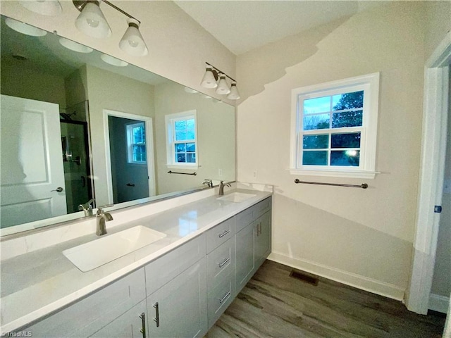 bathroom featuring vanity, hardwood / wood-style flooring, and a shower with shower door