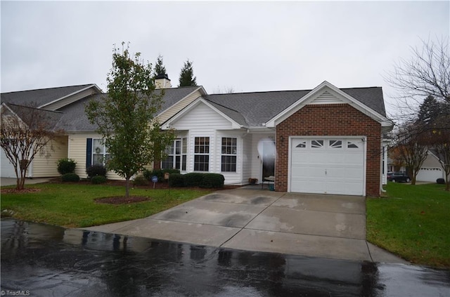 single story home with a garage and a front lawn