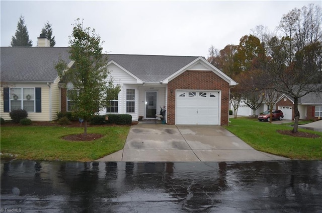 ranch-style house with a front lawn and a garage