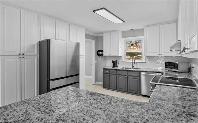 kitchen with stainless steel appliances, backsplash, white cabinets, a sink, and wall chimney range hood