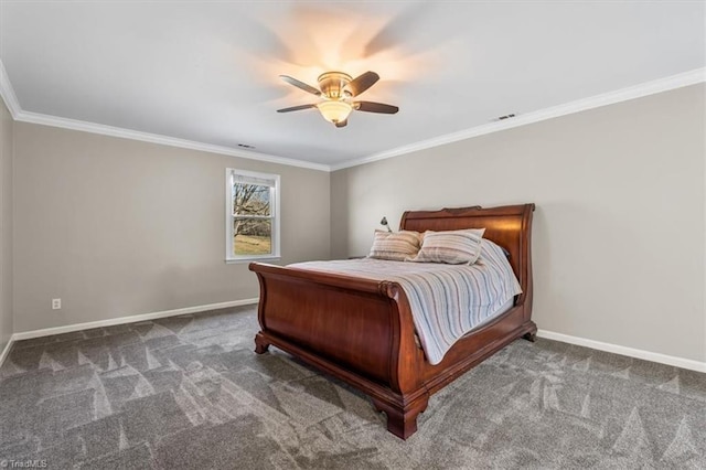 carpeted bedroom featuring crown molding, ceiling fan, visible vents, and baseboards