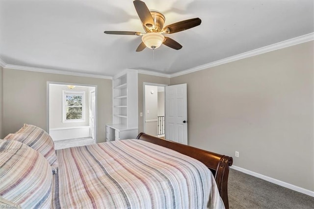 bedroom with a ceiling fan, carpet flooring, ornamental molding, and baseboards