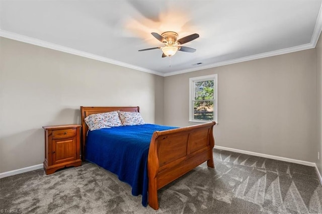 bedroom featuring carpet, crown molding, and baseboards