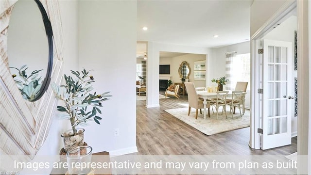 dining space with wood-type flooring