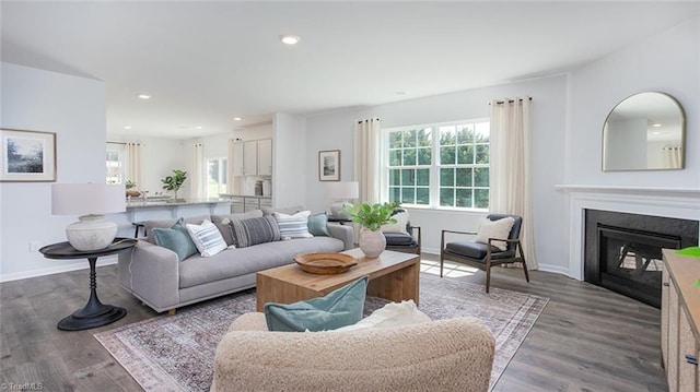 3810 Colt Ct, Trinity, NC 27370 - living room with recessed lighting, a glass covered fireplace, wood finished floors, and baseboards