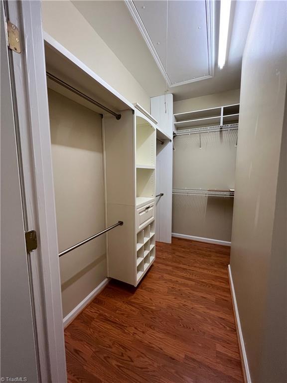 spacious closet with dark hardwood / wood-style flooring