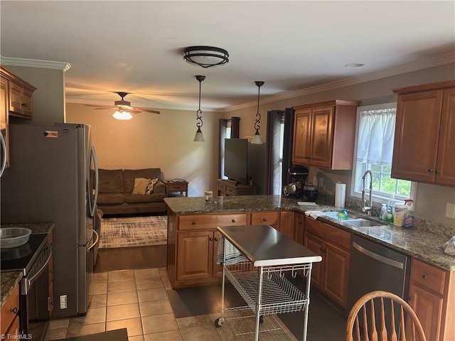 113 Spencer St, Randleman, NC 27317 - kitchen with appliances with stainless steel finishes, a sink, a peninsula, a ceiling fan, and open floor plan