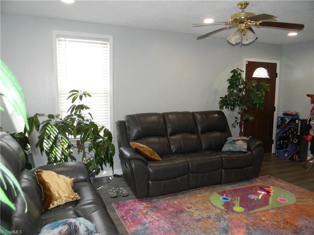 living room with hardwood / wood-style floors and ceiling fan