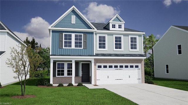 view of front facade featuring brick siding, concrete driveway, board and batten siding, a garage, and a front lawn