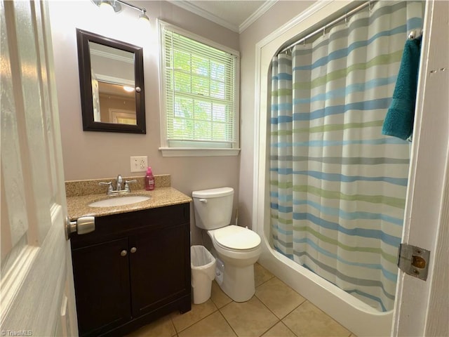 full bath with crown molding, tile patterned flooring, vanity, curtained shower, and toilet