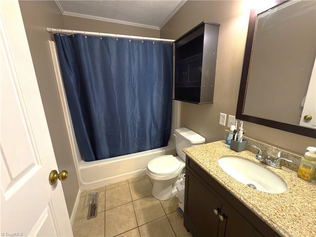 full bath featuring tile patterned flooring, ornamental molding, vanity, toilet, and a textured ceiling