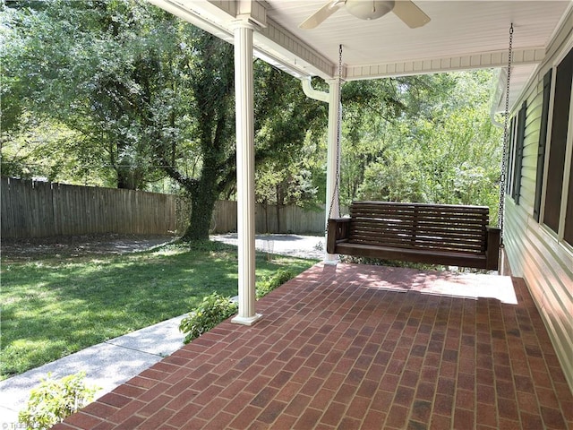 view of patio / terrace featuring a ceiling fan and a fenced backyard