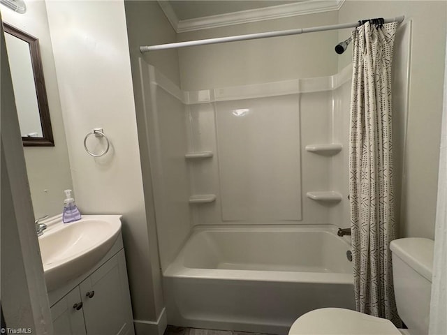 full bathroom with toilet, shower / bath combo, vanity, and ornamental molding