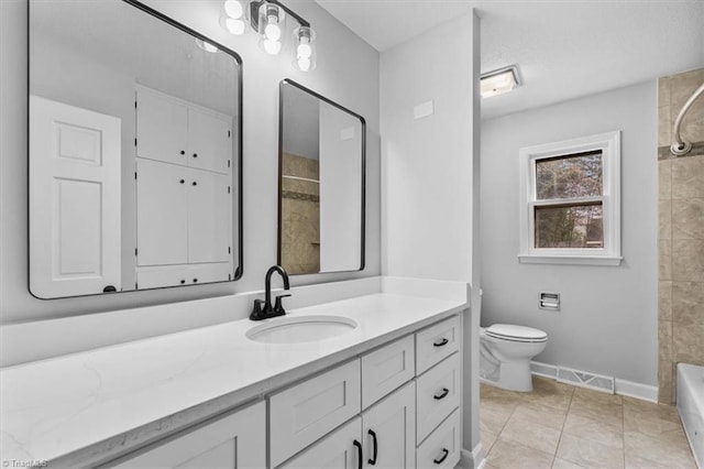 bathroom featuring a tub to relax in, visible vents, toilet, walk in shower, and vanity