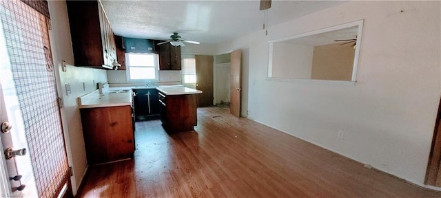 305 Corliss St, Greensboro, NC 27406 - kitchen featuring light wood-style floors, ceiling fan, light countertops, a center island, and dark brown cabinets