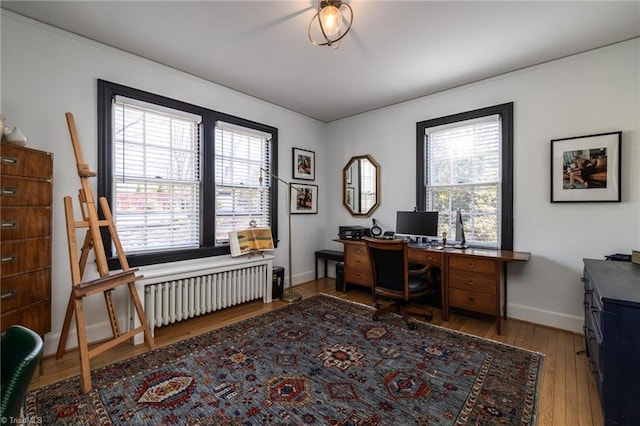 home office featuring a wealth of natural light, light wood-style flooring, radiator, and baseboards