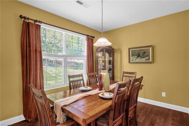 dining room featuring baseboards, plenty of natural light, dark wood-style flooring, and visible vents
