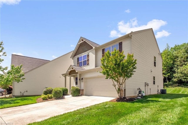 view of front of property with concrete driveway, an attached garage, central AC unit, and a front lawn