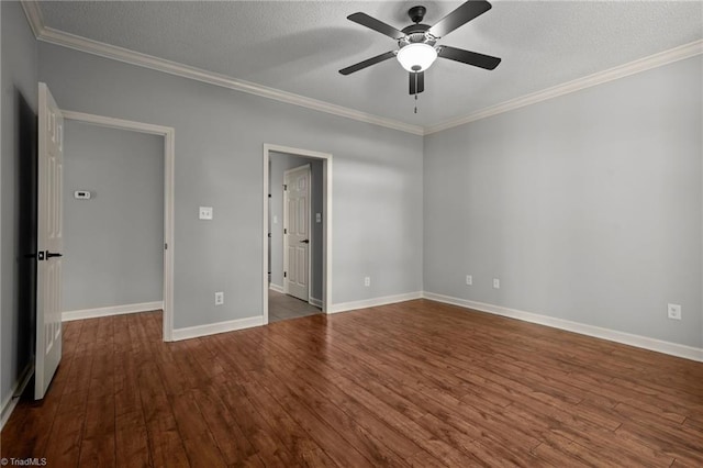 unfurnished room with hardwood / wood-style floors, ceiling fan, ornamental molding, and a textured ceiling