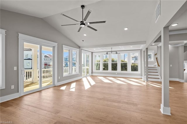 unfurnished living room featuring light wood-style floors, ceiling fan, and recessed lighting