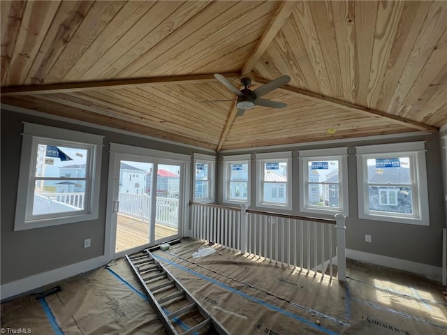 unfurnished sunroom featuring ceiling fan, wood ceiling, and lofted ceiling