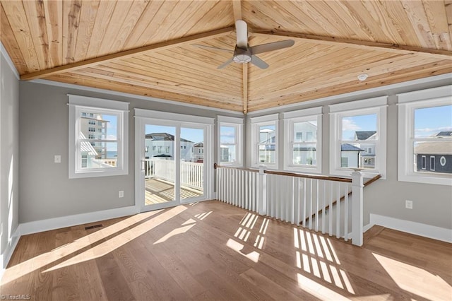 unfurnished sunroom with vaulted ceiling with beams, ceiling fan, and wooden ceiling