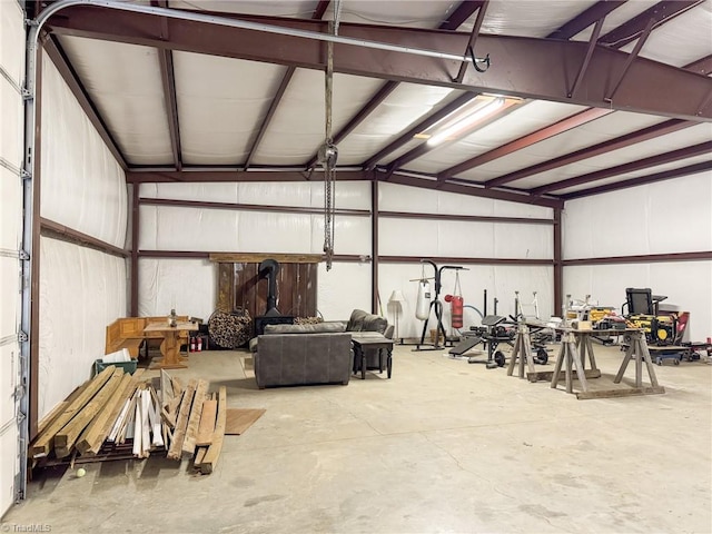 garage with a wood stove