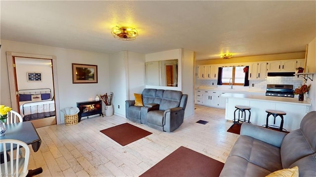 living room with light hardwood / wood-style floors and sink