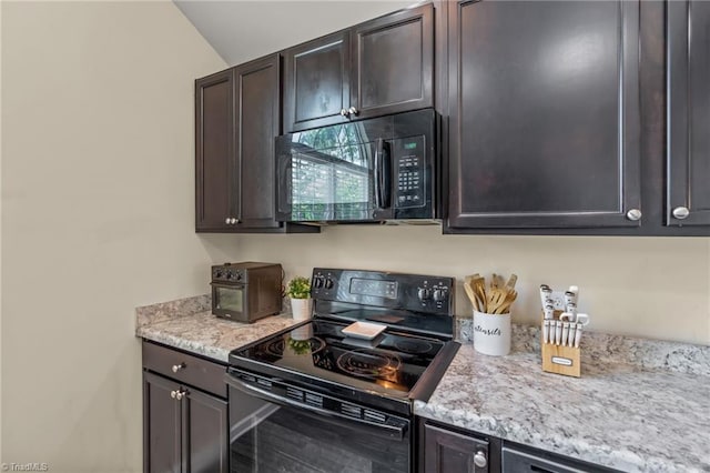 kitchen with dark brown cabinetry, light stone countertops, and black appliances