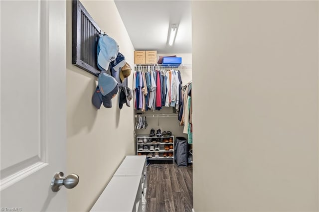 walk in closet with wood finished floors