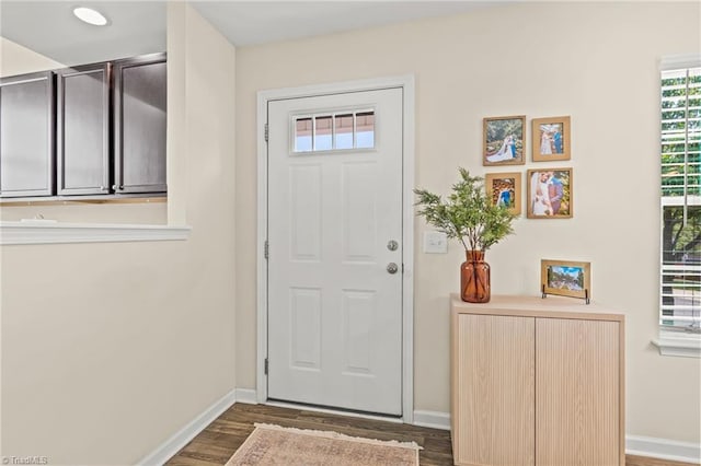 foyer entrance featuring baseboards and dark wood-style flooring