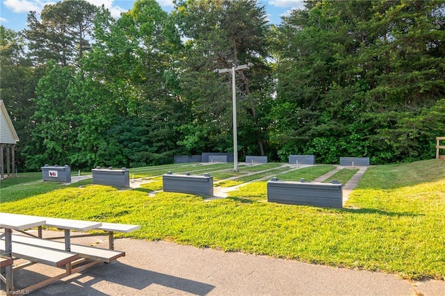 view of property's community featuring a garden and a yard