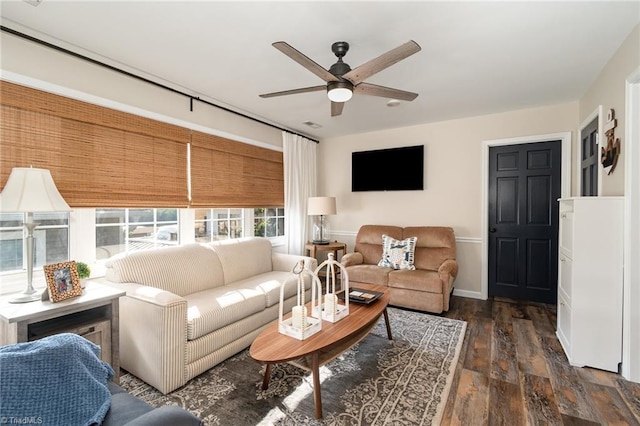 living area featuring ceiling fan and wood-type flooring