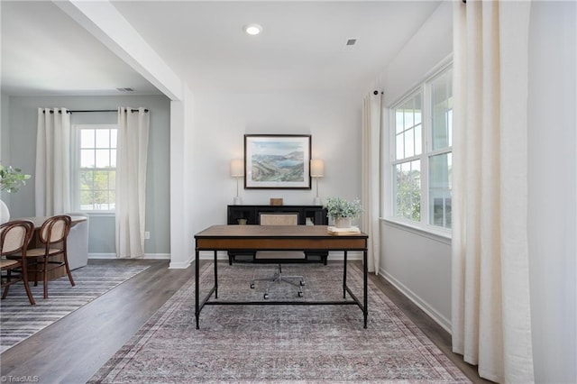 office area featuring recessed lighting, baseboards, and wood finished floors