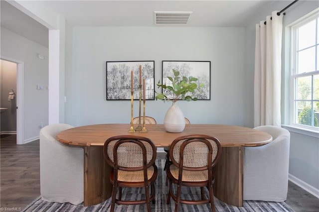 dining room with dark wood-style flooring, baseboards, and visible vents