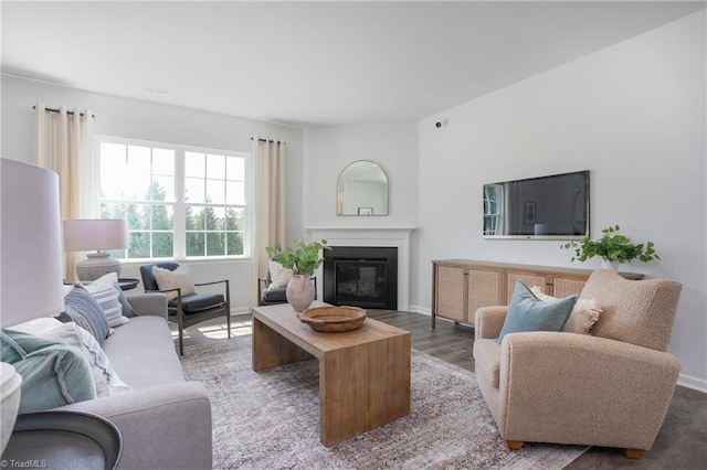 living room featuring baseboards, a glass covered fireplace, and wood finished floors