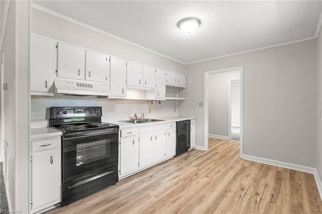 121 Jacklyn Ct, High Point, NC 27265 - kitchen with black appliances, under cabinet range hood, a sink, crown molding, and light wood-style flooring