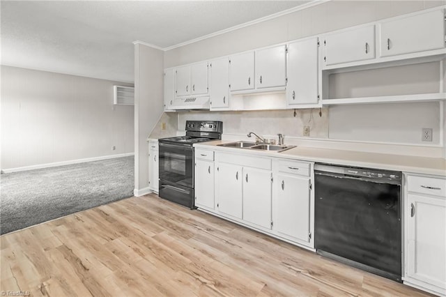 121 Jacklyn Ct, High Point, NC 27265 - kitchen with black appliances, open shelves, under cabinet range hood, white cabinets, and ornamental molding
