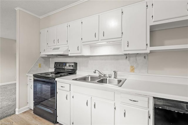 121 Jacklyn Ct, High Point, NC 27265 - kitchen with black appliances, under cabinet range hood, open shelves, a sink, and light countertops