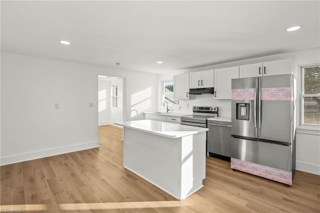 kitchen featuring sink, white cabinets, light hardwood / wood-style floors, and appliances with stainless steel finishes