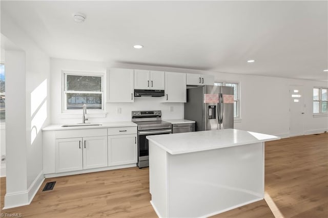 kitchen featuring plenty of natural light, sink, white cabinetry, and stainless steel appliances