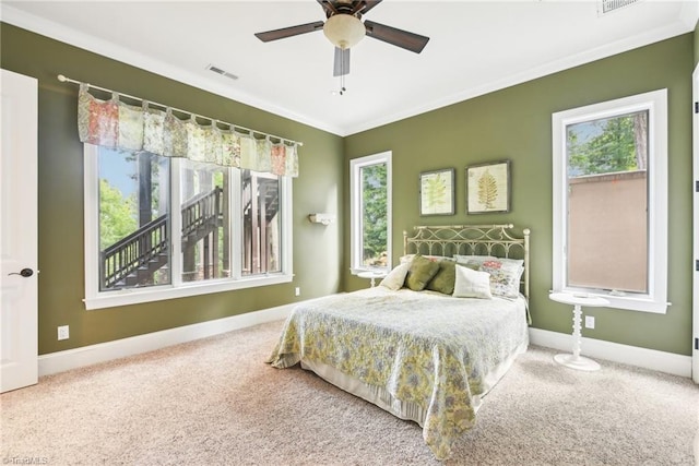 bedroom with crown molding, ceiling fan, and carpet