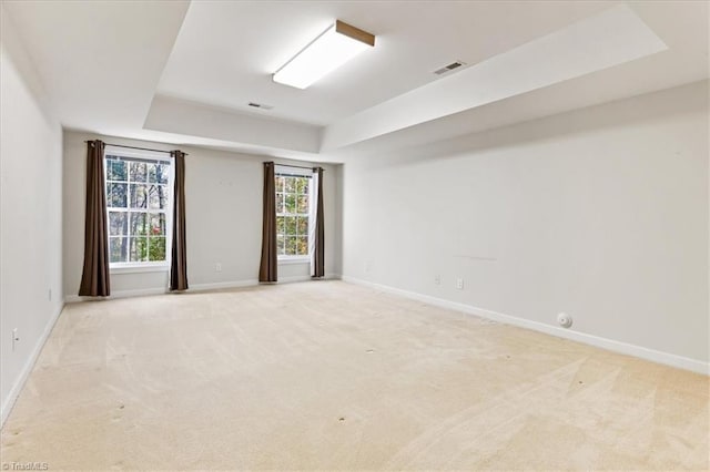 carpeted spare room with a tray ceiling