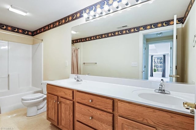 full bathroom with vanity, toilet, and shower / bath combination with curtain