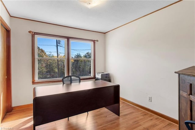 office featuring crown molding, a textured ceiling, and light hardwood / wood-style flooring