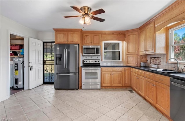 kitchen featuring electric water heater, stainless steel appliances, sink, and backsplash